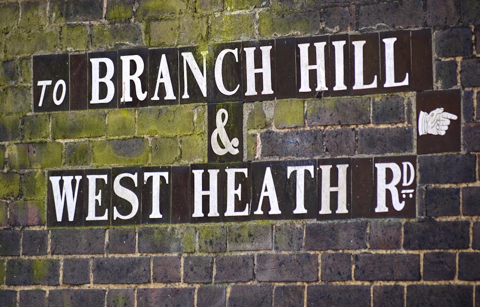 A close-up view of a brick wall displaying a street sign with white lettering on dark background tiles, indicating directions to 'Branch Hill' and 'West Heath Road.' The sign is mounted on a weathered brick surface with visible moss and dirt, suggesting outdoor environment. To the right of the sign, there is a small illustration of a hand pointing, also attached to the wall. The image is taken during daylight with natural lighting, and the focus is on the sign and the bricks surrounding it, relevant to property navigation during home relocation or moving logistics, as offered by West Hampstead Man and Van.
